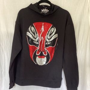 Heads Or Tails Slinky Rhinestone Jeweled Hoodie Sz L Black with red & silver
